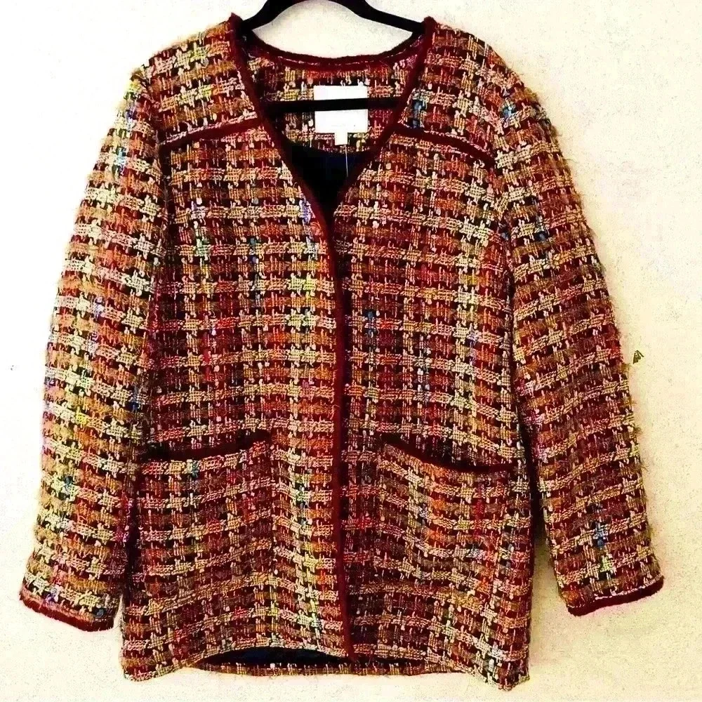 ANTHROPOLOGIE L NWT MULTICOLORED FRINGE ARTSY LINED BOHO EARTHY AUTUMM JACKET - Picture 1 of 11
